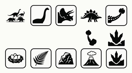 Obraz premium Minimal silhouette vector icons featuring herbivore dinosaurs Brontosaurus neck Triceratops horn Stegosaurus plates Ankylosaurus tail club dinosaur nest fern leaf prehistoric rock volcano cone