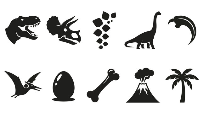 Flat silhouette vector icon set of prehistoric dinosaurs  T-Rex head  Triceratops skull  Stegosaurus plates  long neck dinosaur  Velociraptor claw  Pterodactyl flying shape  dinosaur egg  fossil bone 