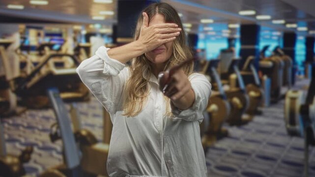 Middle aged hispanic woman covers eyes with hand and points at camera inside a gym building while wearing white shirt and loose hair; vulnerability introspection.