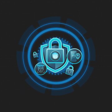 Animated HUD cybersecurity shield with padlock, fingerprint, and face ID icons on transparent background