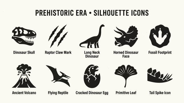 Simple prehistoric flat silhouette vector icons  dinosaur skull  raptor claw mark  long neck dinosaur  horned dinosaur face  fossil footprint  ancient volcano  flying reptile  cracked dinosaur egg  