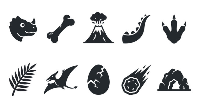 Simple flat silhouette icon collection of cartoon prehistoric elements  tiny dinosaur face  fossil bone  volcano mountain  dinosaur tail  claw footprint  ancient palm leaf  flying dinosaur  egg shell 