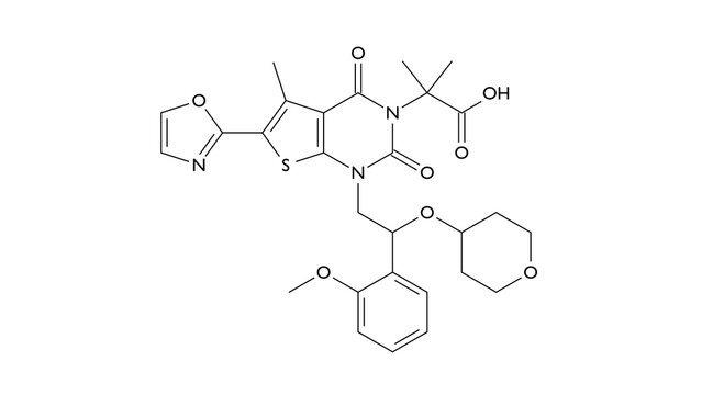 firsocostat molecule, structural chemical formula, ball-and-stick model, isolated image lipid metabolism modulator