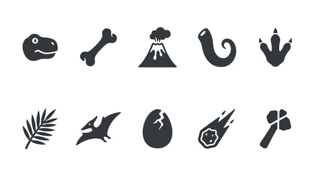 Simple flat silhouette icon collection of cartoon prehistoric elements  tiny dinosaur face  fossil bone  volcano mountain  dinosaur tail  claw footprint  ancient palm leaf  flying dinosaur  egg shell 