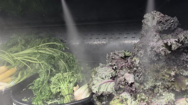Fresh Vegetables misted at grocery store 4k

