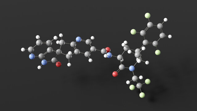 atogepant molecule 3d, molecular structure, ball and stick model, structural chemical formula cgrp antagonist