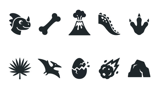 Simple flat silhouette icon collection of cartoon prehistoric elements  tiny dinosaur face  fossil bone  volcano mountain  dinosaur tail  claw footprint  ancient palm leaf  flying dinosaur  egg shell 