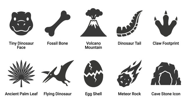 Simple flat silhouette icon collection of cartoon prehistoric elements  tiny dinosaur face  fossil bone  volcano mountain  dinosaur tail  claw footprint  ancient palm leaf  flying dinosaur  egg shell 