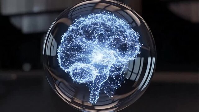 Glowing blue brain inside glass sphere.