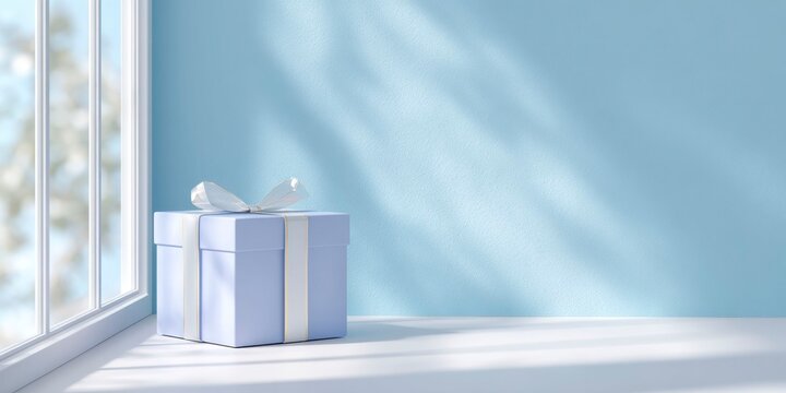 background for product presentation, a blue wall with a gift box and light from the window, a soft shadow on the floor.