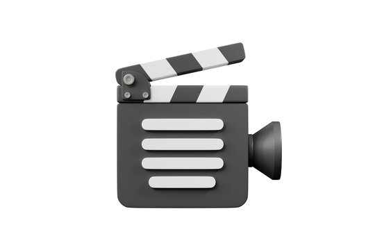 3d video clapperboard camera icon. production concept. minimal cartoon movie slate text lines and camera lens for video app. isolated on white transparent background. 3d render.