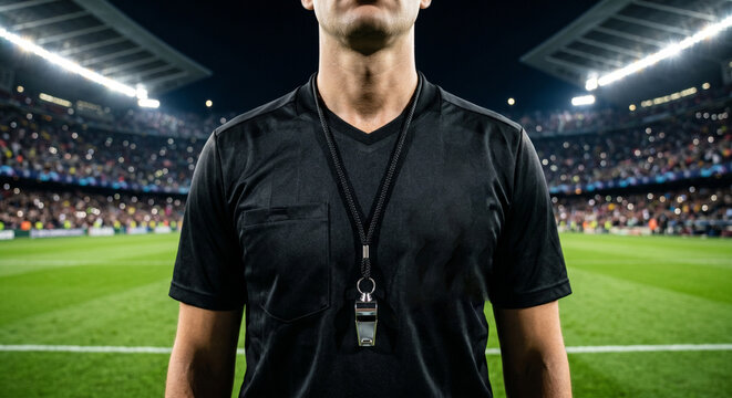 Soccer Referee Standing on the Field at Night