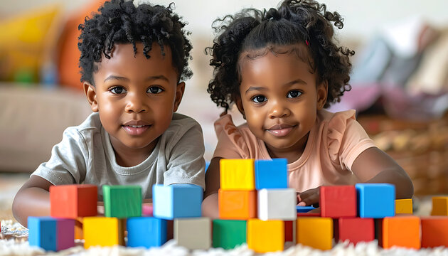 Two young Black children playing with colorful wooden blocks, smiling on a soft rug, representing childhood and learning