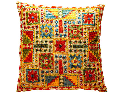 Embroidered Indian cushion isolated on transparent background, PNG