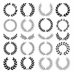 Fototapeta premium Collection of black and white laurel wreaths and branches