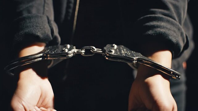 Close up of hands locked in metal handcuffs during dramatic AI generated arrest scene with cinematic lighting, crime, police custody, justice system, detention and social tension.