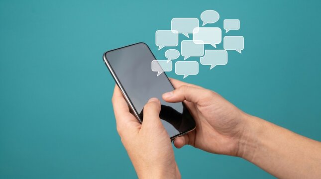 Person Sending Message on Smartphone with Floating Chat Icons Teal Background