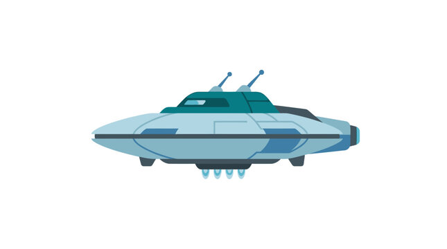 Retro Sci-Fi Flying Saucer Spaceship Illustration With Blue Tinted Windows and Antennas