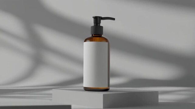 Amber Glass Pump Bottle with Blank Label Mockup Standing on Minimalist White Podium Under Elegant Soft Leaf Branch Moving Shadows