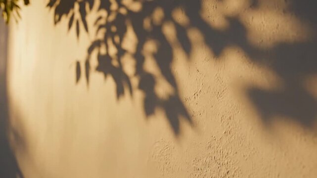 Soft dappled sunlight casts abstract tree leaf shadows on a textured stucco wall creating a peaceful natural pattern