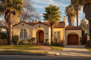 Naklejka premium Residential front faÃ§ade featuring stucco walls, arched entrance, and lush landscaping in a sunny suburban setting