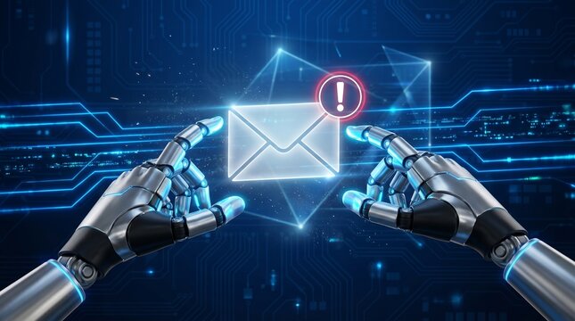 Robotic hands interacting with a digital email notification icon on a futuristic blue background.
