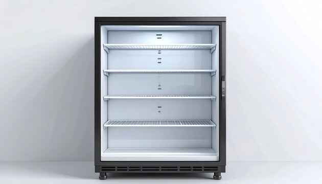 Empty Commercial Display Refrigerator with Glass Door and Shelves.