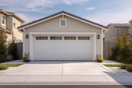 Residential garage fa&Atilde;&sect;ade: spacious door and orderly driveway in a quiet neighborhood