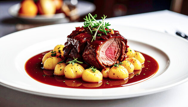 Boiled potatoes, braised lamb with brown gravy, serving platter, fine dining. AI