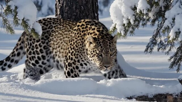 Amur Leopard Moves Stealthily Through a Snow Covered Forest in Winter
