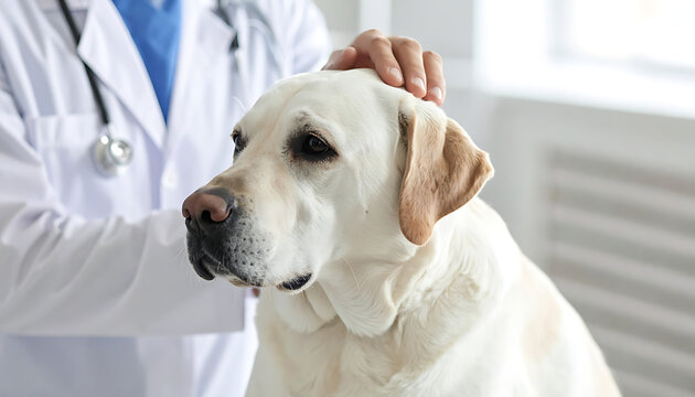 Veterinarian gently petting a labrador retriever dog during a checkup, providing comfort and care in a clinic setting