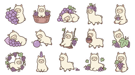 Fototapeta premium Cute cartoon alpaca characters interacting with grapes in various playful poses, perfect for stickers and illustrations.