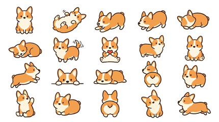 Obraz premium Collection of cute cartoon corgi dogs in various poses and actions, perfect for illustrations and designs.