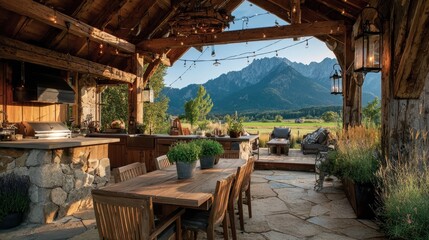 Fototapeta premium Rustic covered patio with built-in grill, stone counters, and mountain backdrop in Bavaria