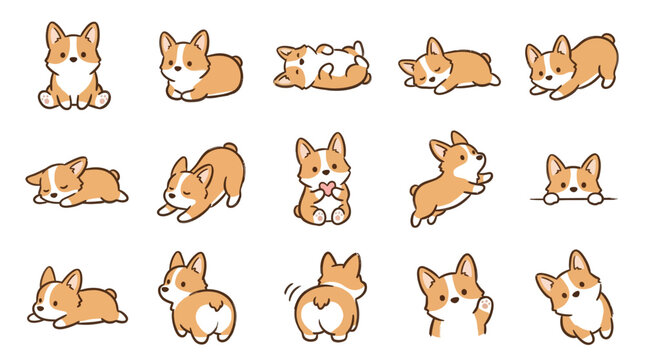 Collection of cute cartoon corgi dogs in various playful poses and expressions, perfect for stickers and illustrations.