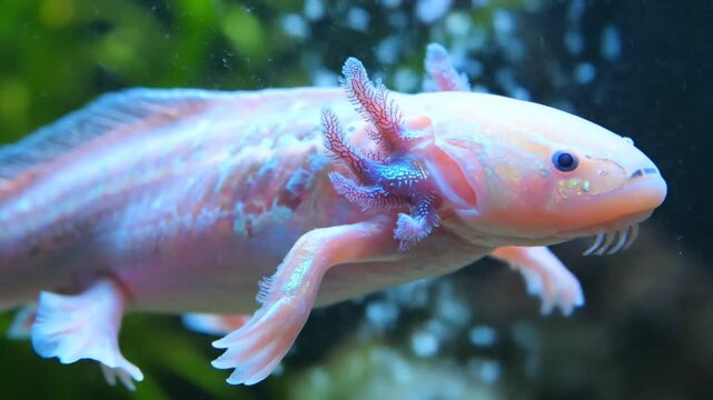An albino axolotl gracefully swims in crystal clear aquarium water, showcasing its delicate frills and unique anatomy