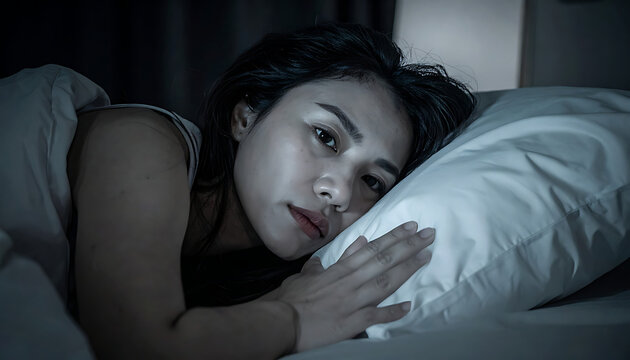Woman lying in bed at night, looking awake and thoughtful with eyes open in the dark bedroom, feeling insomnia or anxiety, moody lighting