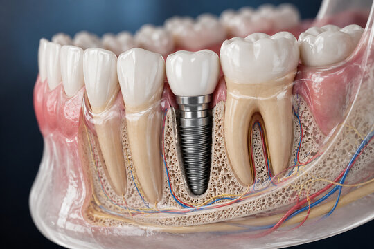 A close-up view of a dental model illustrating the placement of an implant in a jawbone.