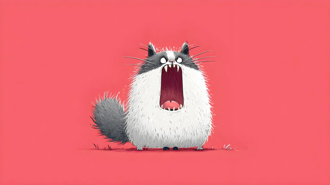 an incredibly fluffy black and white cat screams with a massive, vertically elongated open mouth and sharp fangs against a solid red background