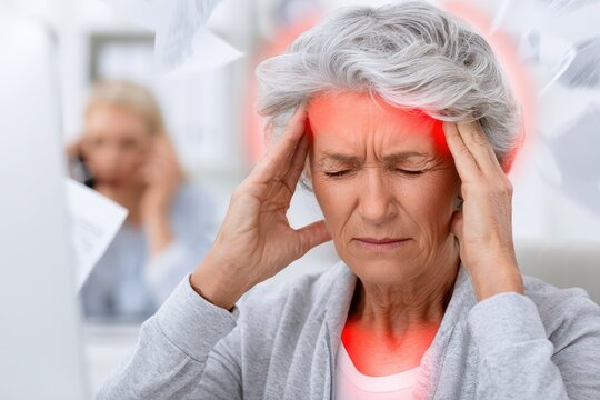 Elderly woman experiencing severe headache with red glowing pain zones on her temples and neck.