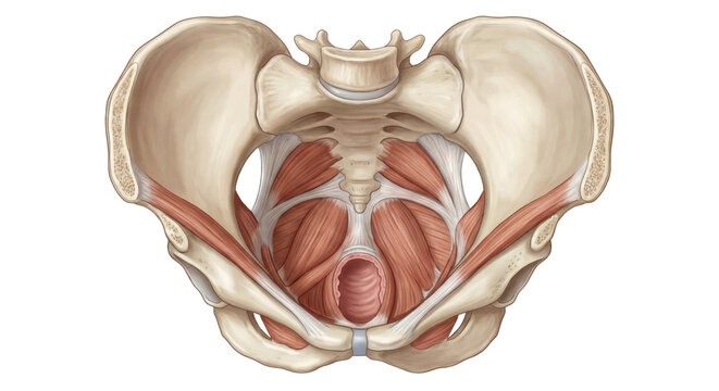 Detailed female pelvic floor anatomy isolated on transparent background showing muscles and supporting structures. Realistic medical illustration for women's healthcare and education.