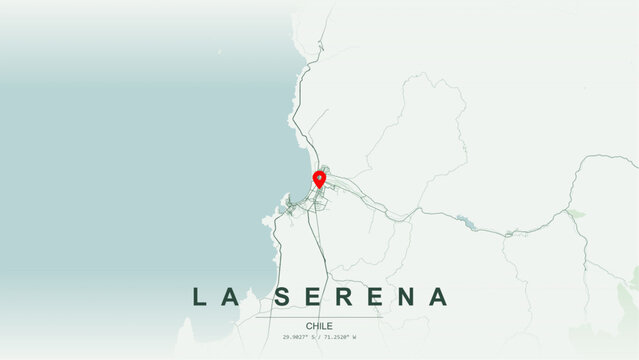 Modern minimalist vector map of La Serena, Chile. High-quality scalable illustration of La Serena city grid, Elqui River waterfront, Avenida del Mar coastal axis for posters and design.