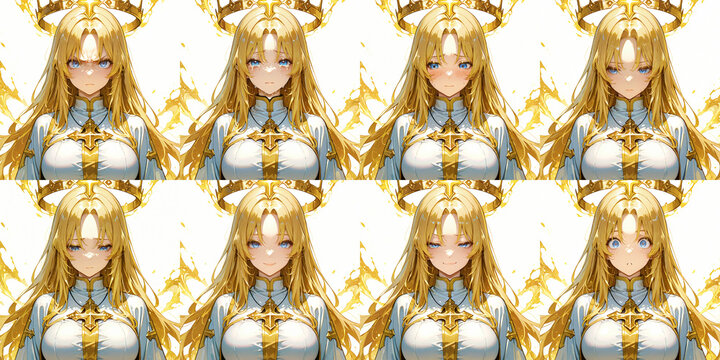 Anime girl sprite sheet, fantasy cleric priestess with multiple emotional expressions and faces, character sheet grid