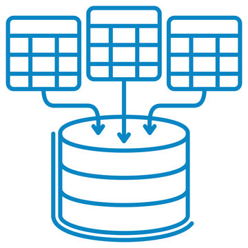 Blue linear vector icon of table data consolidation on transparent background. Line art concept of merging multiple spreadsheets into database