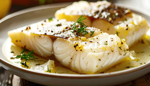 Roasted cod fish, buttery herb sauce, macro shot. AI