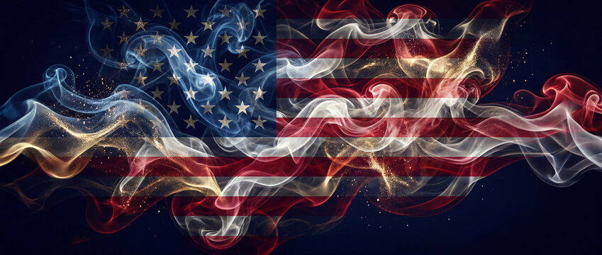 Abstract intangible backdrop of the American flag out of smoke for celebrating 4th of July in America posters