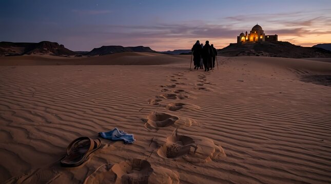 Sunset over a beach and desert landscape with sea, sand, ocean, sky, and clouds creating a warm summer vacation scene