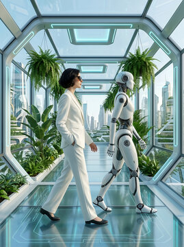 Future scientist walking alongside humanoid AI robot in high-tech futuristic laboratory corridor with greenery and glass walls