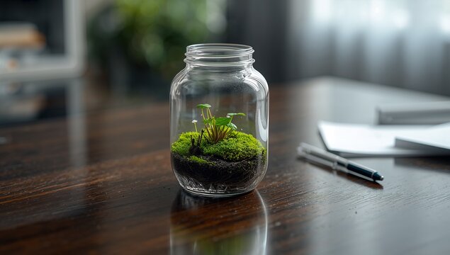 Small Natural Plant Terrarium in Glass Jar on Wooden Desk with Office Background