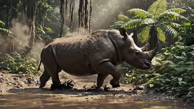 A powerful Sumatran rhinoceros emerges from a muddy jungle pool, showcasing its wild and ancient habitat.